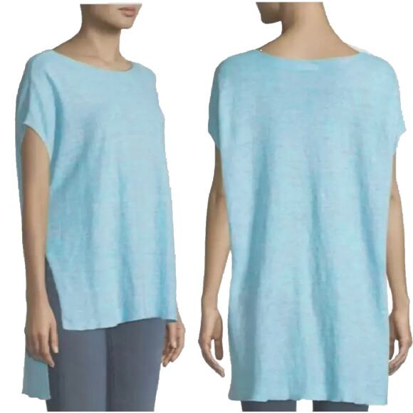 Eileen Fisher Linen Knit Bateau-Neck Poncho Top Small Turquoise Oversized Boxy - Picture 1 of 9